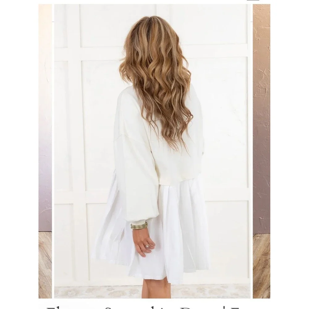 Free People Eleanor Sweatshirt dress Cream pleated skirt heart embroidery NWOT